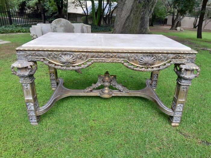 A 20th Century French Style Ornately Carved and Gilded Entrance / Console / Drinks Table with Cream Marble Top - Image 2
