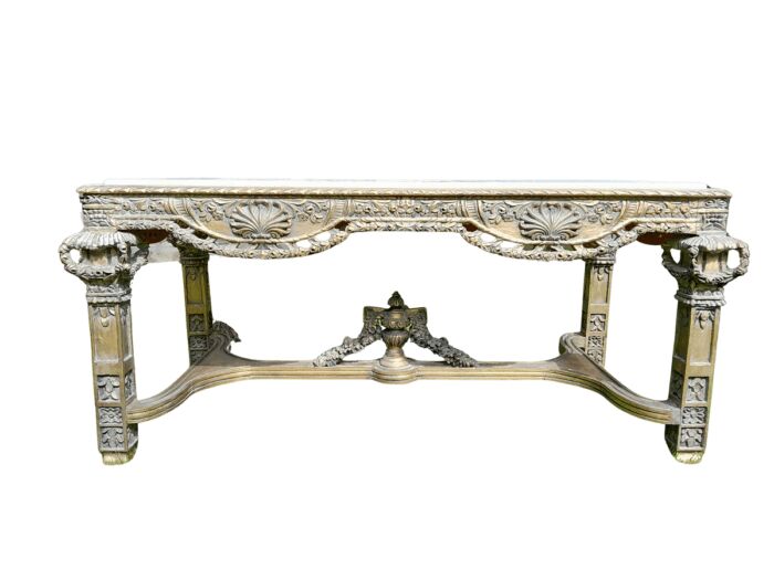 A 20th Century French Style Ornately Carved and Gilded Entrance / Console / Drinks Table with Cream Marble Top
