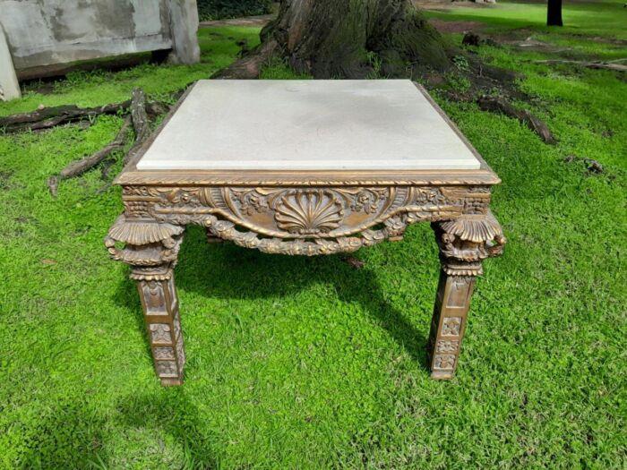 A 20th Century French Style Ornately Carved & Gilded Table /  Side Table with Cream Marble Top - Image 3