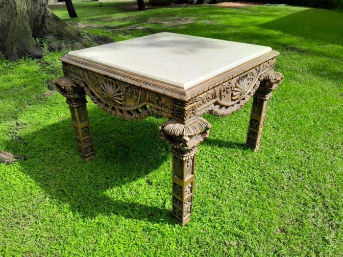 A 20th Century French Style Ornately Carved & Gilded Table /  Side Table with Cream Marble Top - Image 4