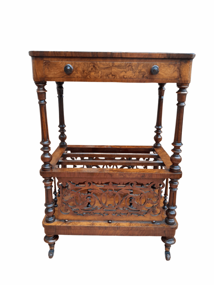 An Antique Mid 19th Century Victorian Burr Walnut Canterbury with Gallery and on Castors