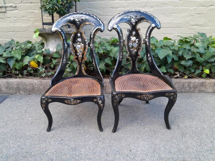 An Exceptionally Rare Pair of Antique Victorian Circa 1850s Mother Of Pearl Statement Chairs with Rattan Seats ND - Image 2