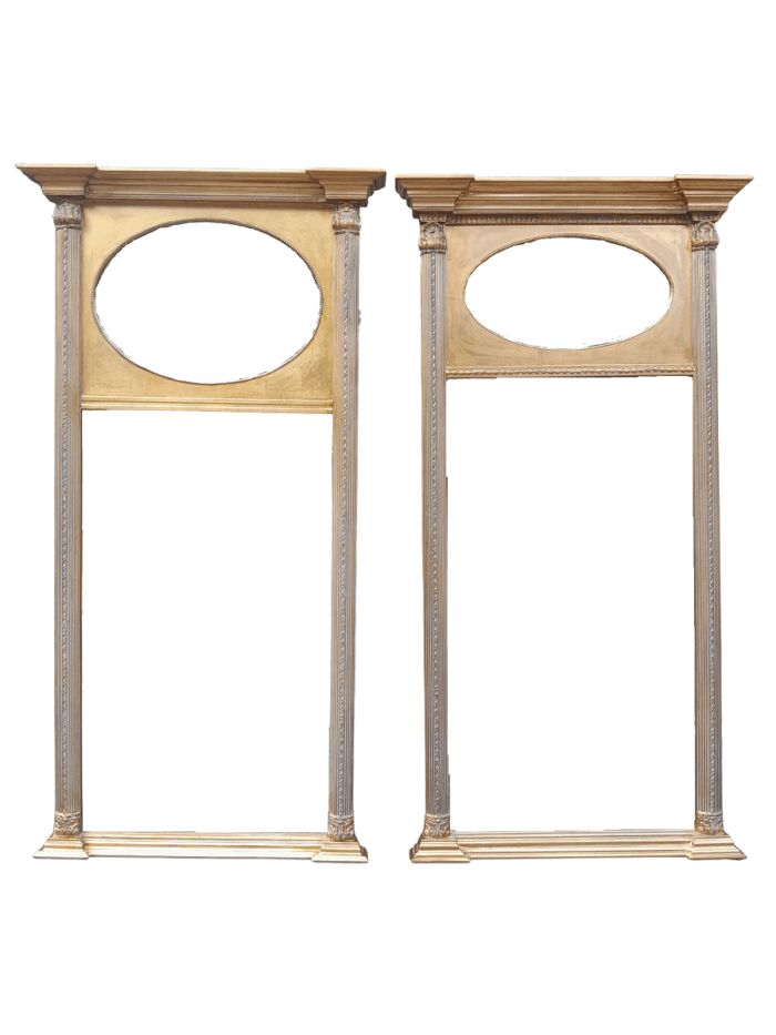A 20th Century Rare Near Pair of French Louis XVI Style Gilt Painted Trumeau Bevelled Mirrors