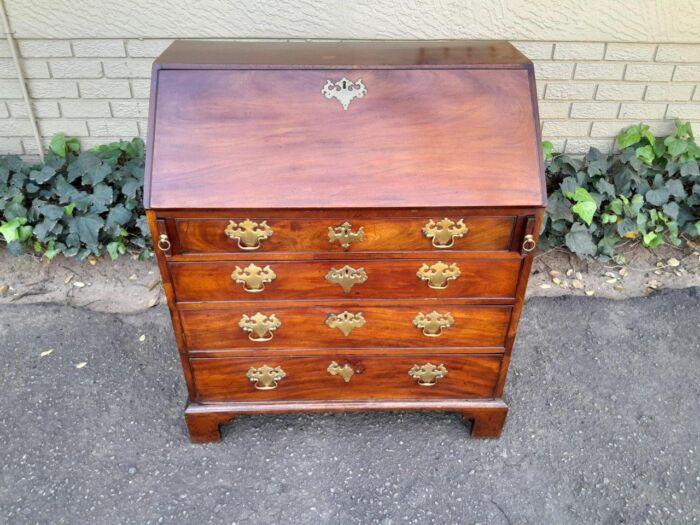 An Antique George III Flame Mahogany Bureau With Enclosed Fitted Interior, Brass Handles - Image 3