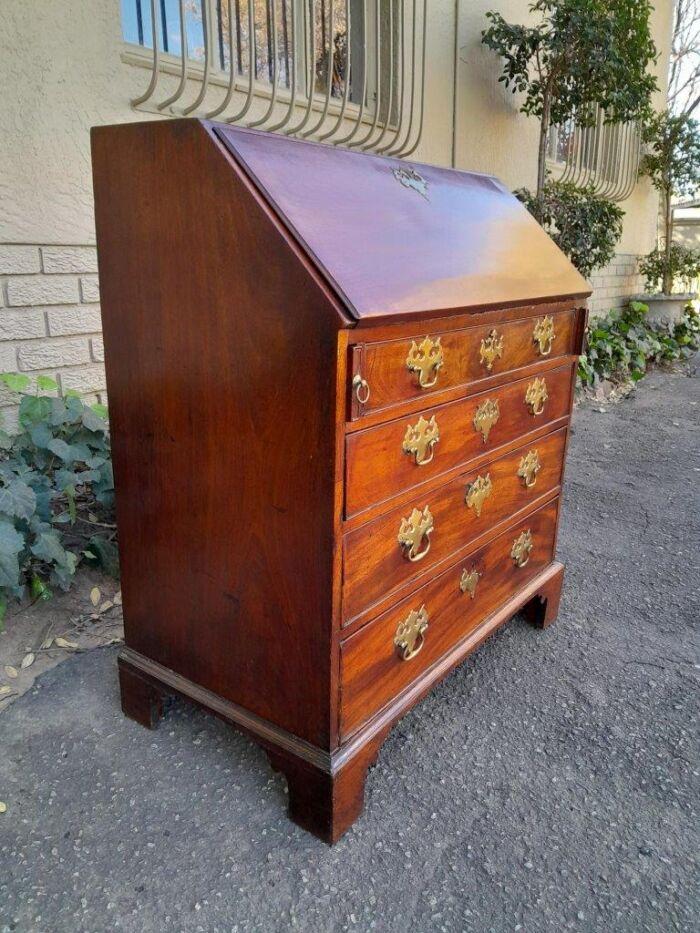 An Antique George III Flame Mahogany Bureau With Enclosed Fitted Interior, Brass Handles - Image 4
