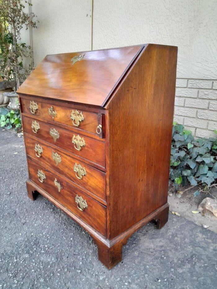 An Antique George III Flame Mahogany Bureau With Enclosed Fitted Interior, Brass Handles - Image 5