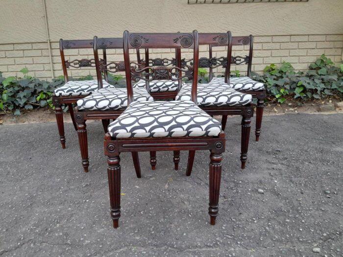 An Antique Regency Carved Rosewood Set Of Chairs With Rattan Seats And Upholstered Designer Fabric Drop In Seats - Image 2