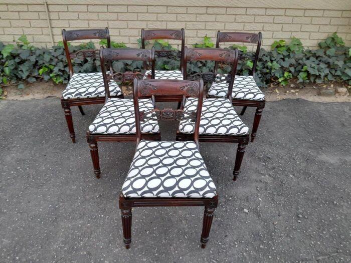 An Antique Regency Carved Rosewood Set Of Chairs With Rattan Seats And Upholstered Designer Fabric Drop In Seats - Image 3