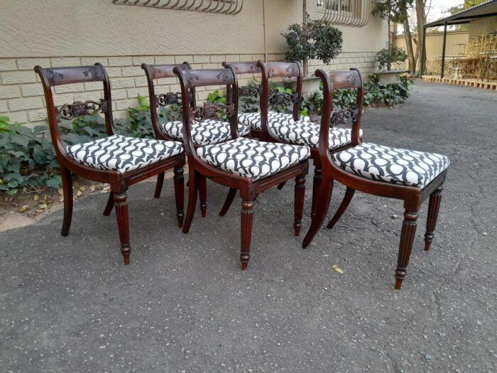 An Antique Regency Carved Rosewood Set Of Chairs With Rattan Seats And Upholstered Designer Fabric Drop In Seats - Image 4
