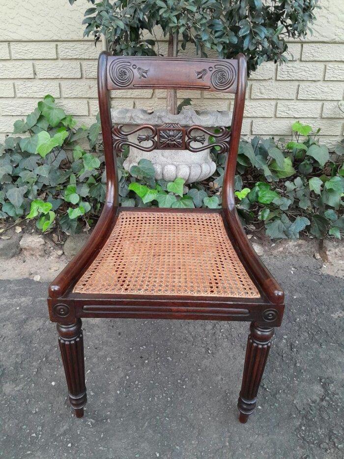 An Antique Regency Carved Rosewood Set Of Chairs With Rattan Seats And Upholstered Designer Fabric Drop In Seats - Image 6