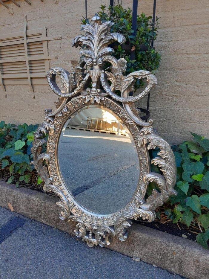 A French Style Ornately Carved And Bevelled Mirror In A Contemporary Silver Hand-Gilded Finish - Image 3