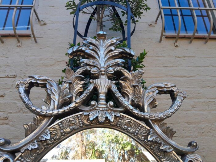 A French Style Ornately Carved And Bevelled Mirror In A Contemporary Silver Hand-Gilded Finish - Image 6