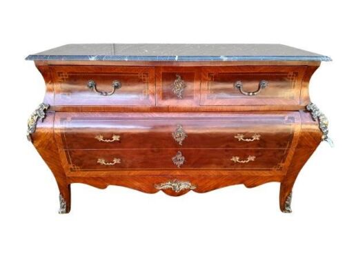 A 20th Century French Louis XV-Style Walnut Bombe Chest Of Drawers / Commode With Brass Mounts And Marble Top