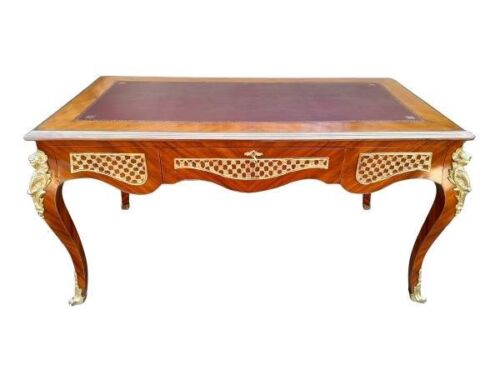 A 20th Century French Louix XVI Style Walnut Desk / Writing Table / Bureau Plat With Gilt Tooled Leather Top