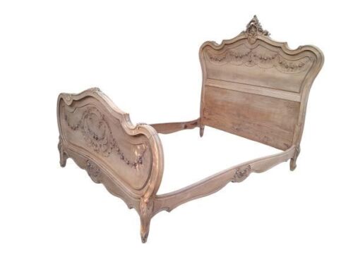 An Antique Circa 1920 French Walnut And Ornately Carved Double Bed In A Contemporary Bleached Finish