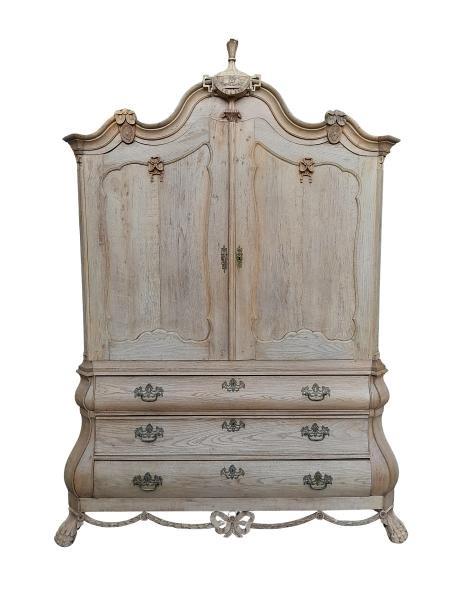 An Antique Dutch / Belgium Carved Oak Bombe / Cabinet / Armoire With  In A Contemporary Bleached Finish