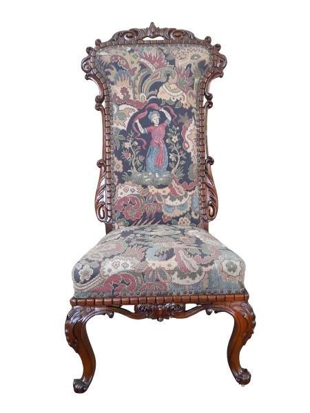 An Antique Victorian  Ornately Carved Rosewood Tapestry Chair On Castors With British Antique Dealers Association Sticker