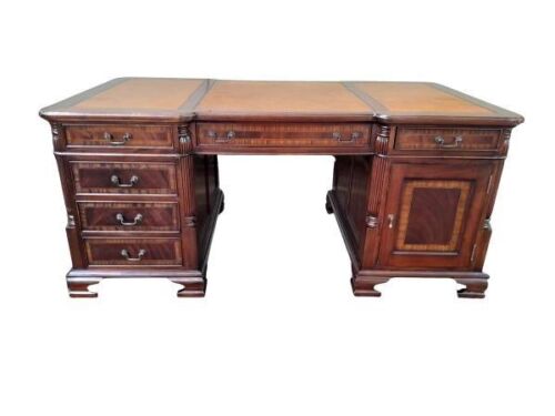 A 20th Century Victorian Style Mahogany Partners Desk With Brown Leather Top With Drawers And Doors