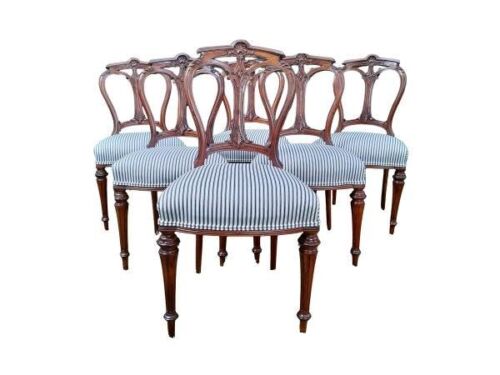 A 20th Century Set Of Six Carved French-Style Chairs Upholstered In Ticking