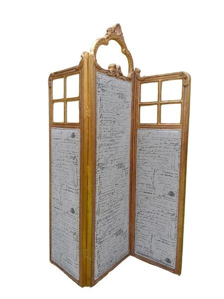 A French Style Ornately Carved And Gilded  Mirror Screen Upholstered In A Custom And Hand--Made For The Crown Collection Charcoal  Script Fabric