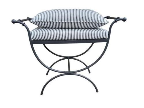 A Savonarola Ottoman Style Wrought Iron Bench Custom-Made For The Crown Collection With A Ticking / Black / White Stripe Seat  /  Cushion