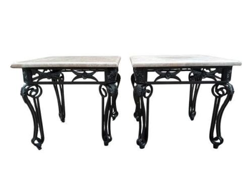 A Pair Of Wrought Iron Side Tables With Marble Tops