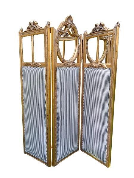 A French Style Ornately Carved Giltwood Screen With Mirror Detail