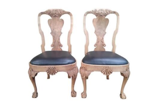 An Antique 19th Century Pair Of Carved  Walnut Pair Of Chairs In A Contemporary Bleached Wood Finish And Upholstered In Leather