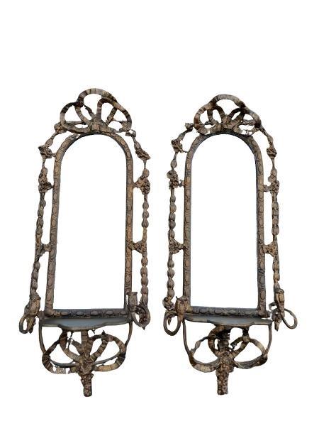 An Antique 19th Century Pair Of French Carved Giltwood Louis XV Style Mirrors With Sconces And Shelves