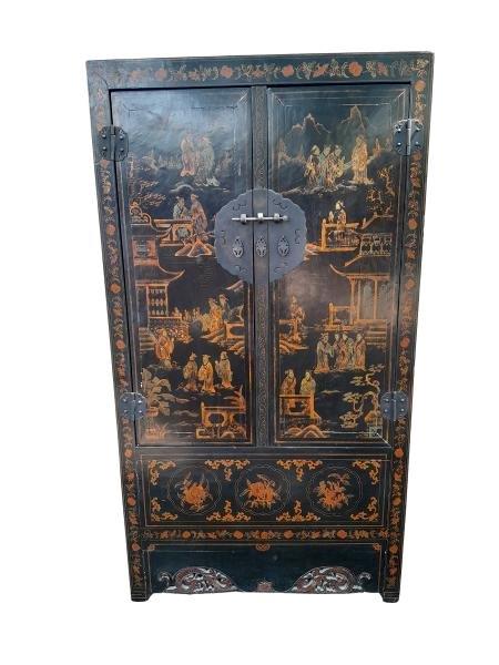 A 20th Circa 1950s Chinese Style Cabinet With Black Lacquer Cabinet With Drawers And Shelf