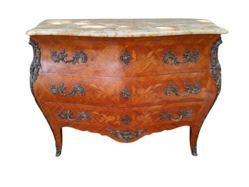 An Antique Early 20th Century Circa 1920 French Louis XV-Style Walnut And Kingswood Marquetry And Metal Chest Of Oak Drawers