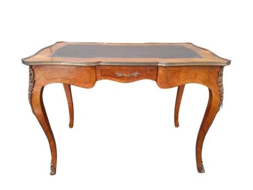 An Antique Circa 1900 French Walnut Louis XV Style Desk/Bureau Plat With Tooled Leather Top And Brass Gallery