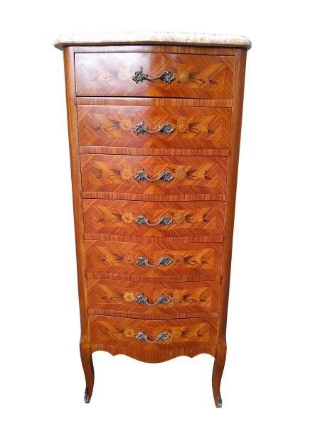 A 20th Century French Louis XV Style Walnut Marquetry And Marble Top Chest Of Drawers ND