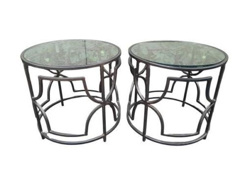 A Pair Of Geometric Design Metal Side-Tables With Patina And Cream Marble Top