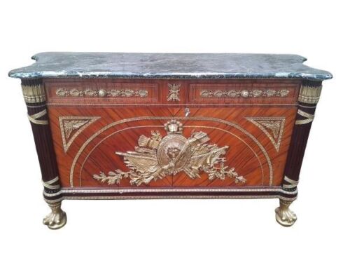A 20th Century French Louis XVI-Style Gilt-Bronze Mounted Cabinet Marble Top And Two Drawers And Doors With Lock And Key