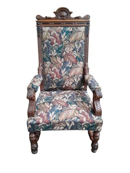 A 19th Century French Louis XIV Style Ornately Carved Oak Throne Armchair