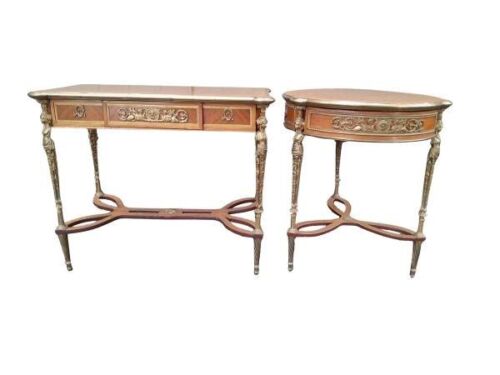 A Set Of Two French Louis XVI Style Ormolu And Walnut Tables/Desk With Brass Edges And Drawers In Two Shapes Rectangular And Round