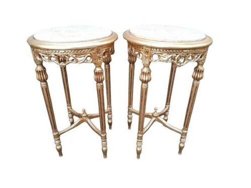 A 20TH  Century Pair Of French Style Hand Carved Circular Side Tables  With Marble Tops