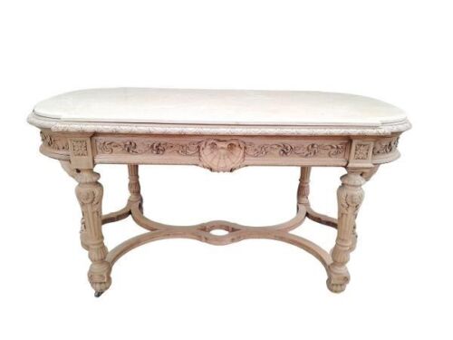 An Antique Ornately Carved Jacobean Style Library / Drinks / Centre Table In A Contemporary Bleached Finish With A Marble Stone Top