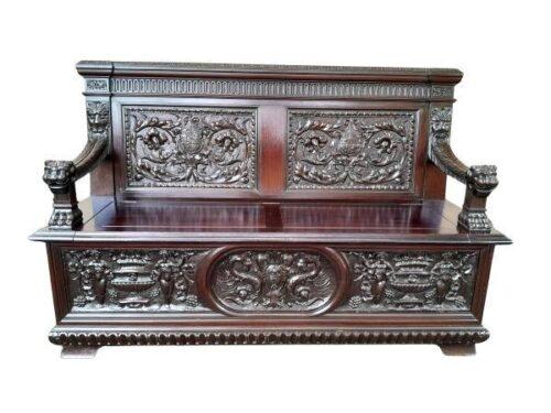 An Antique 19th Century Large And Ornately Carved Oak Bench