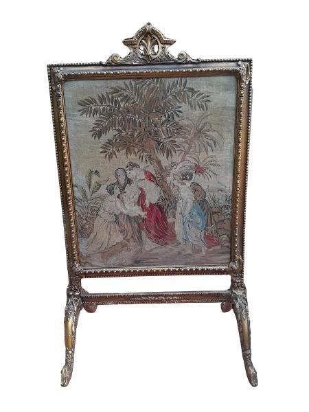 An Antique  Early 19TH Century Circa 1900 French Carved Oak Screen Hand Gilded With Original Tapestry