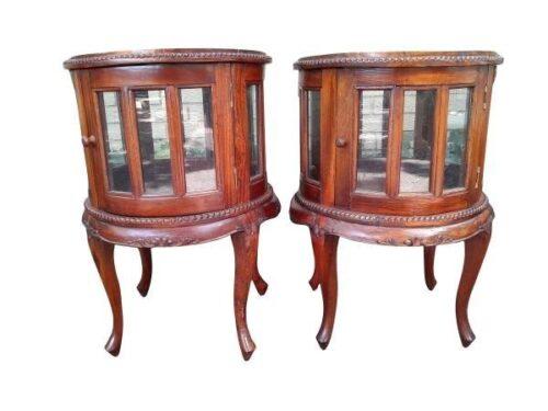 A 20th Century Pair Of Carved Teak Wood And Bevelled Glass Tea/Drinks/Bedside Tables With Cream Marble Tops