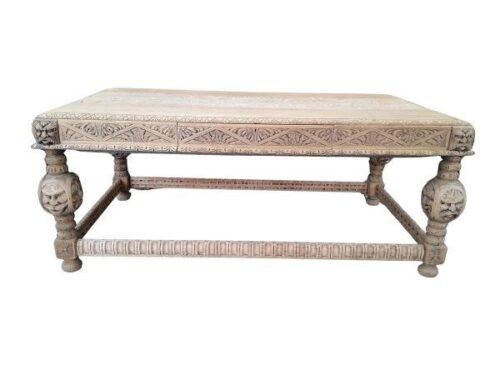 An Antique Heavily Carved Oak Renaissance Style Bleached Library Table With Two Drawers