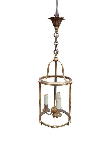A French  20th Century Brass And Original Glass Lantern With Chain And Ceiling Rose