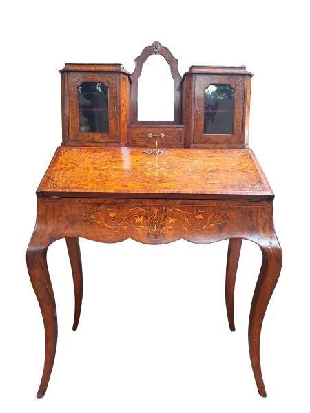 A French 19th Century/Circa 1880s  Burr Walnut And Inlaid Bureau Fitted With Rosewood With Leather Tooled Interior And  Metal Gallery