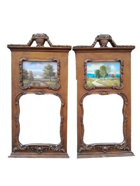 A20th Century Rare Pair Of French Style Gilt Mirrors With Painted Panels