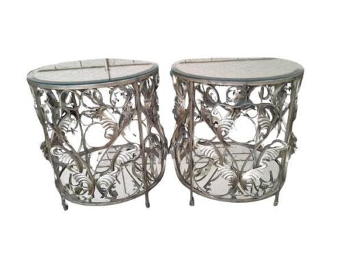 A Pair Of Ornate Wrought Iron Bedside / Pedestal / Side Tables With Top And Bottom Bevelled Mirrors In An Antique Gold Finish Custom-Made For The Crown Collection