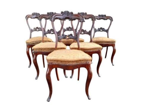 An Antique Set Of Six Victorian / Circa 1850s Ornately Carved Mahogany Bustle Back Chairs ND