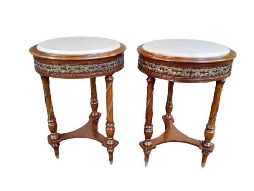 A 20th Century French Pair Of  Louis XV Style Carved  Walnut Side Tables With Gilt Metal Mounts And Stone Tops ND