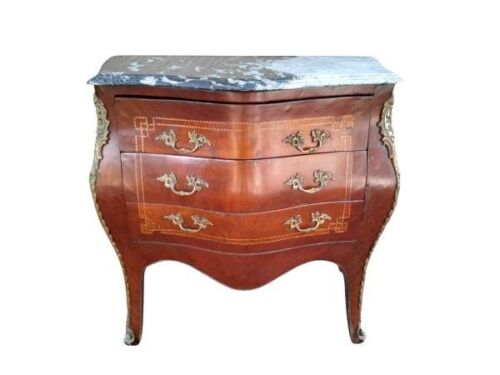 A 20th Century French Louis XV Style Mahogany And Walnut Bombe Chest Of Drawers / Commode With Gilt Metal Mounts And Marble Top